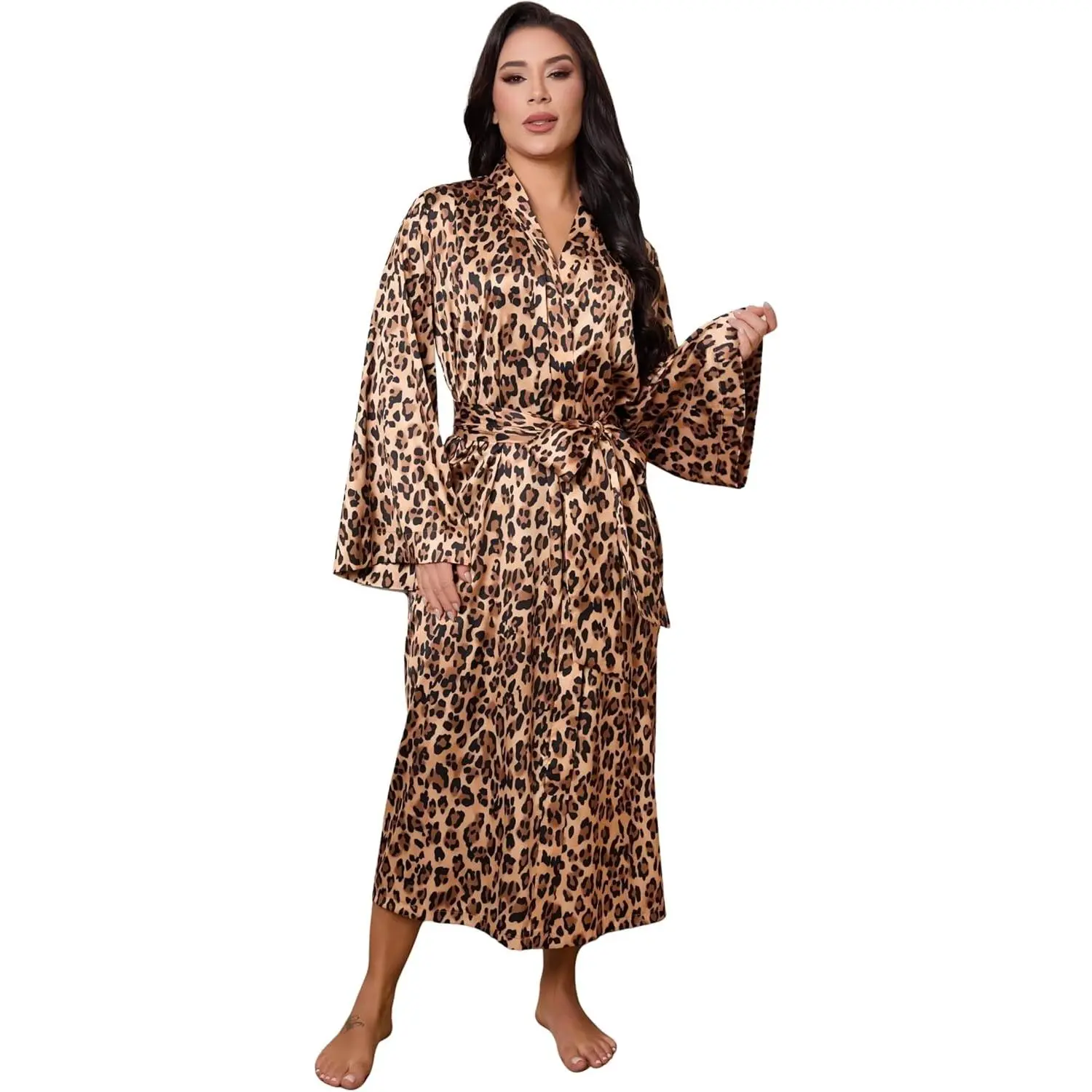 Womens Leopard Print Satin Robe Long Kimono Silky Sleepwear Sexy Animal Pattern Dressing Gown