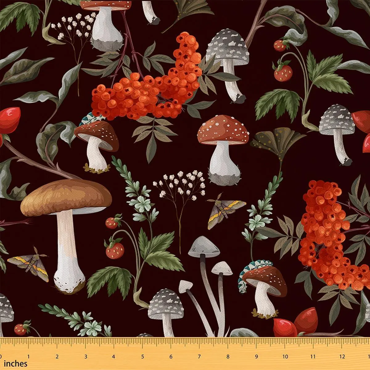 Feelyou Polyester Fabric by the Yard - Waterproof, Soft, No-Stretch, Rustic Style with Wild Mushroom, Fruit Motifs, Worm & Moth Prints - Easy Cleaning, Indoor/Outdoor for Home DIY, Quilting, Sewing