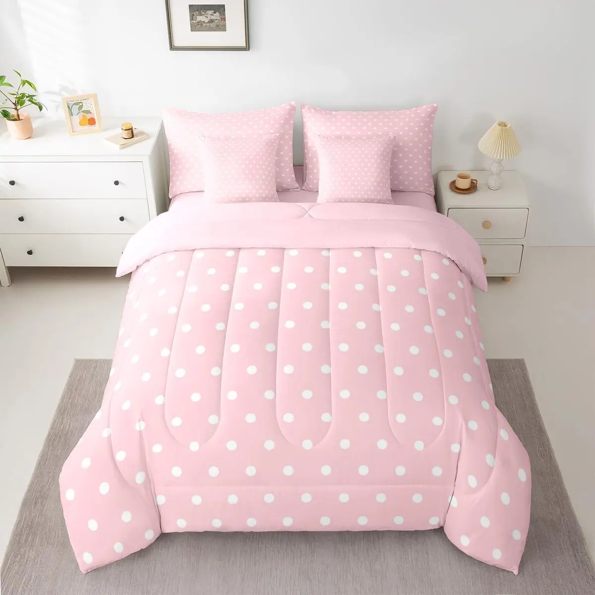 Pink White 7 Piece Bedding Set Kids Polka Dots Comforter Set with Sheets,Pillowcases & Cushion Cover for Boys Girls Teens Abstract Bed in a Bag Breathable Soft Modern Room Decor