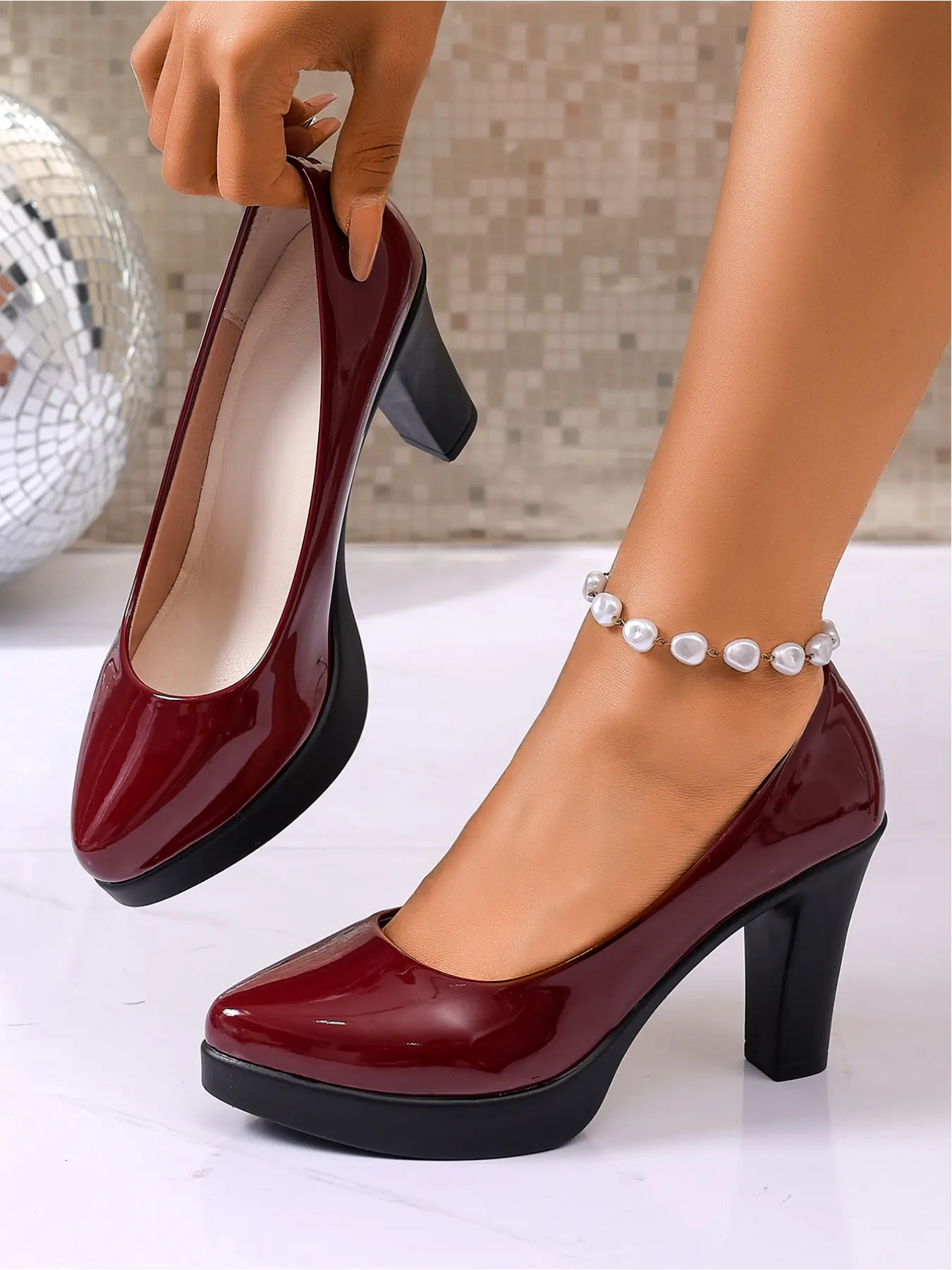 Women's Stylish Fashion Patent Leather Chunky Block Heel Pumps, Thick-Soled High Heels, Elegant European & American Style Footwear, Party Shoes