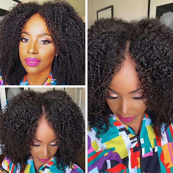 MORE FACE V Part Bob Wig Glueless Kinky Curly Human Hair Wigs With No Leave Out 180% Density Curly Human Hair Wigs Beginners Friendly