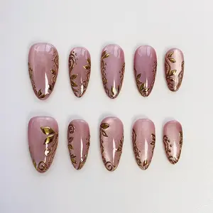 Gold Floral Pink Cat Eye Press On Nails, 3D Gold Chrome Nail, Glitter Nail