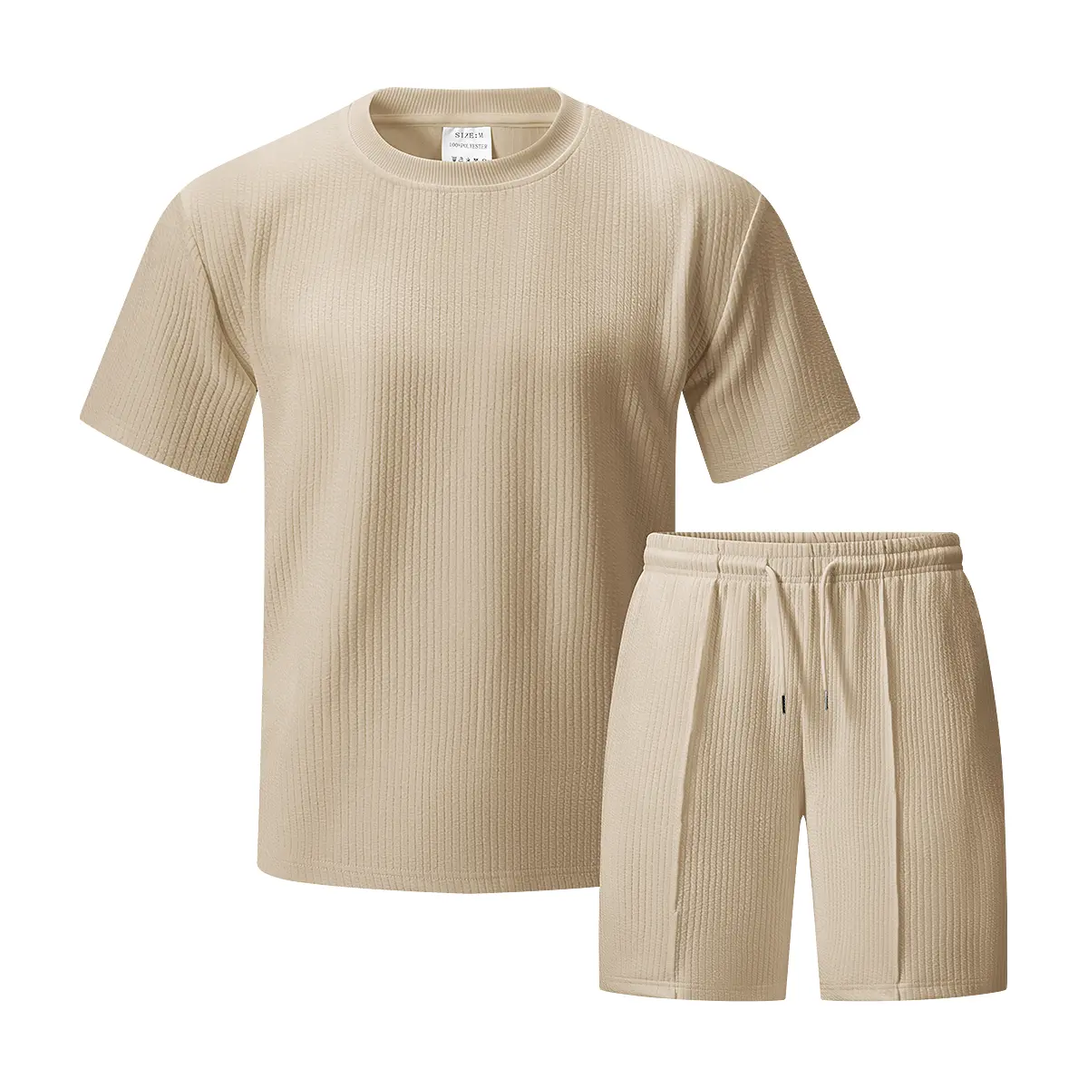 Men's 2-Piece Casual Lounge Set, Stylish Fine Ribbed Short-Sleeve Round Neck T-Shirt and Regular-Fit Shorts, Shortsleeve, 2-Piece Menswear Basics Set, Clothes, Ribbed Texture, Fashion, Top, Fabric, Chic, Polyester, Crew Neck