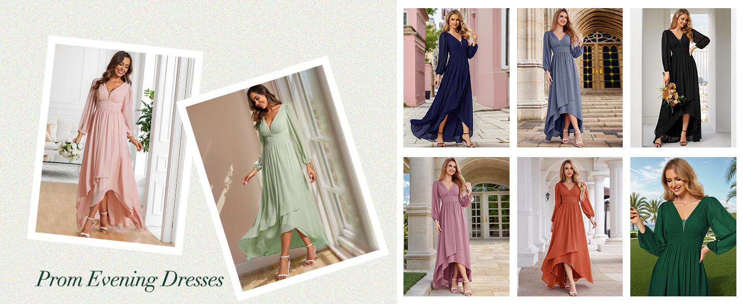Ever-Pretty Fall A-Line Pleated See-Through Long Lantern Midi Chiffon Bridesmaid Dress 02043 - Elegant Chic Women's Wear Basic Cute Minimalist Pink V-neck ,wedding guest dress, Formal dress