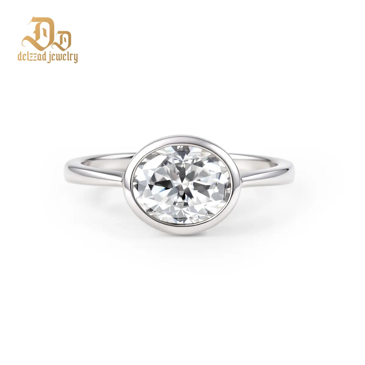 Delzzad 14K Gold-Plated 2ct Lucid Moon Ring East to West Oval Bezel Engagement Ring Band VVS Synthetic Moissanite Ring Jewelry Perfect Birthday Engagement Wedding Anniversary Christmas Valentine's Day Mother's Day Gift