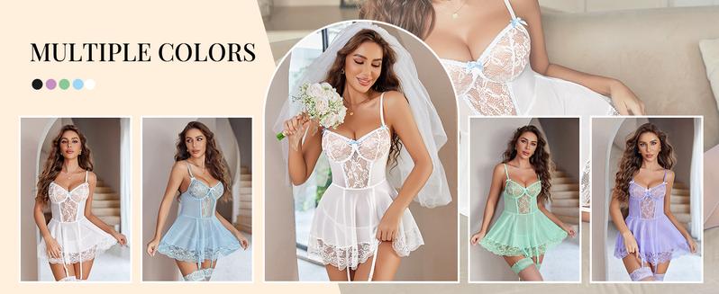 Avidlove Lingerie for Women Deep V Neck Lace Mesh Chemise Boudoir Nighty with Garter Belt