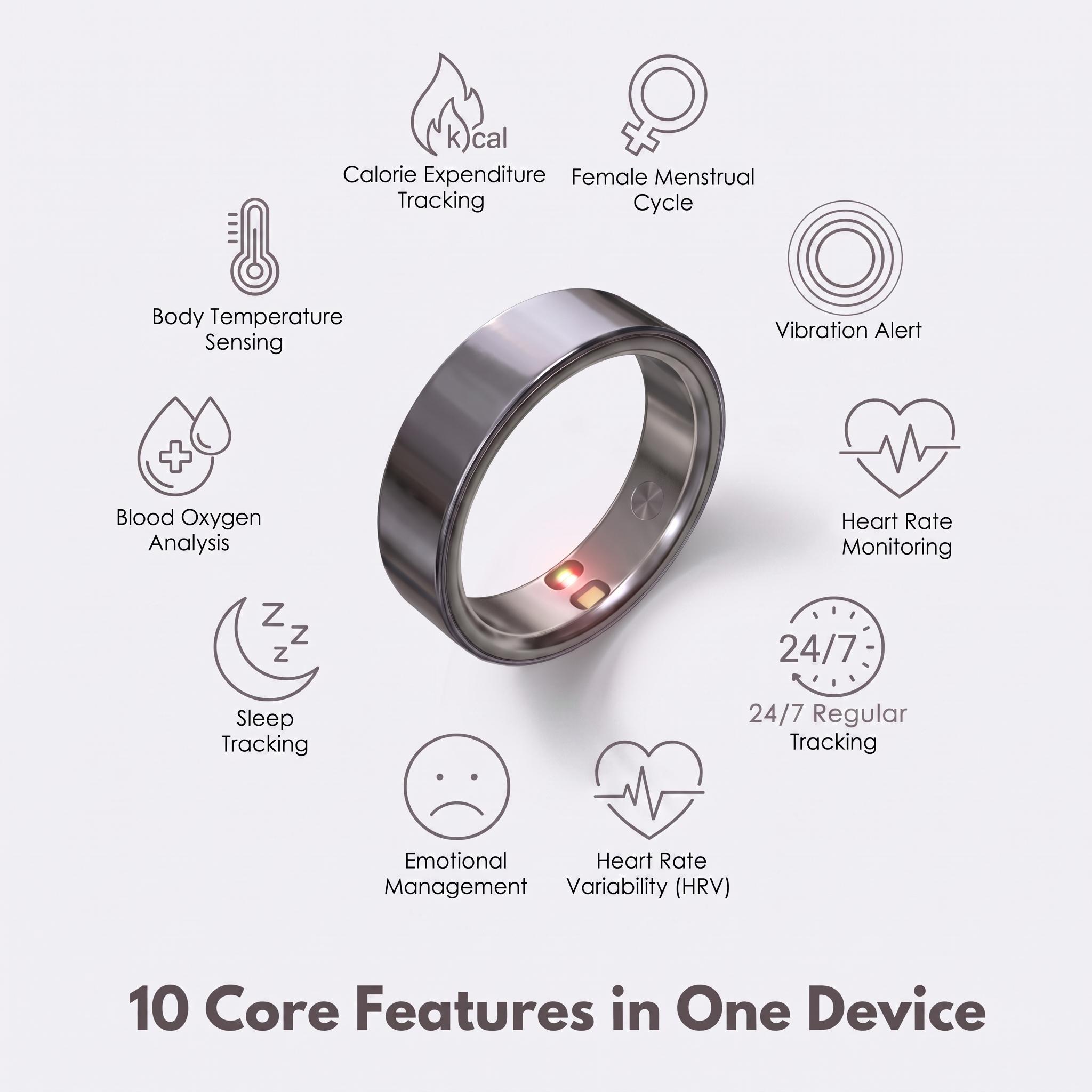 Elenva Gen 1 Smart Ring Health Tracker 5ATM Waterproof Sport Ring Exclusive Vibration Alerts Titanium Blood Oxygen/Sleep/Emotional Management Women Cycle Prediction Compatible with iOS/Android