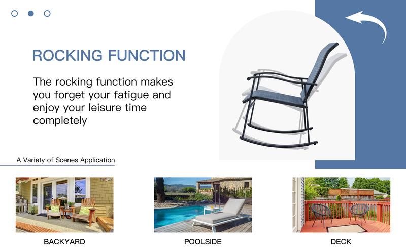 Walsunny 3 Pieces Big Bistro Rocking Chair Set, Outdoor Patio Furniture set with 2 Rocking Chairs and 1 Coffee Table for Balcony, Pool, Camp, Lawn, Deep Blue