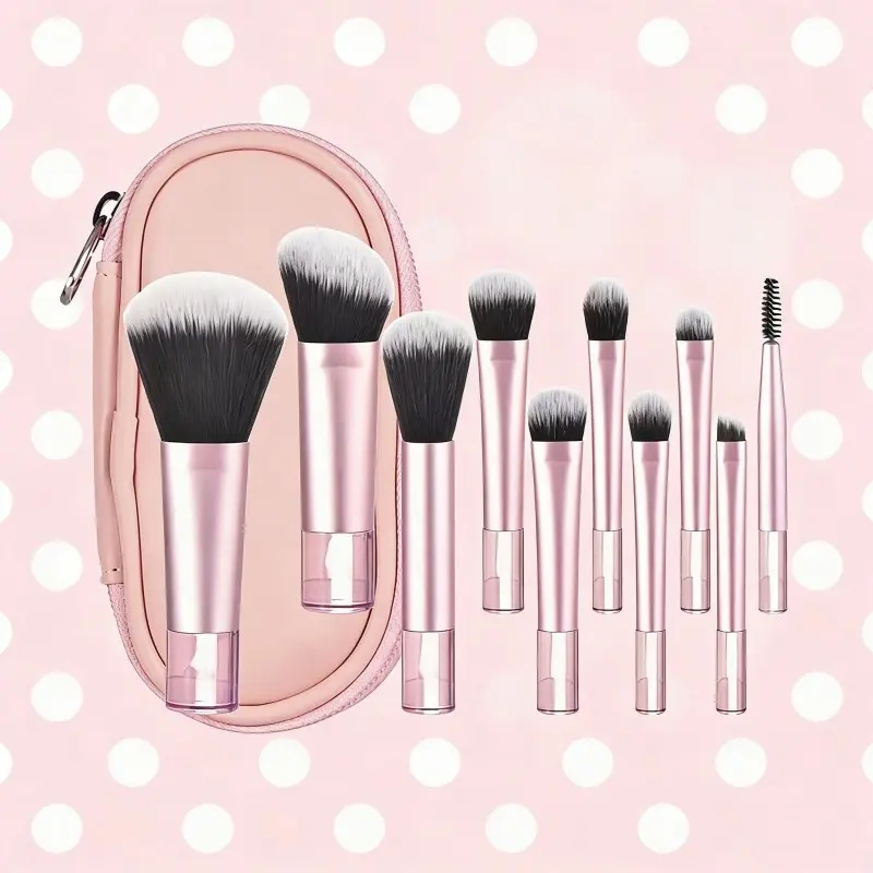 10pcs Mini Makeup Brush Set, Cosmetic Brushes, Crystal Handle Travel Powder Brush Contour Blush Eyeshadow Brush Beauty Tool Clear Soft Bristles Gentle on Skin Compact Portable Travel Makeup
