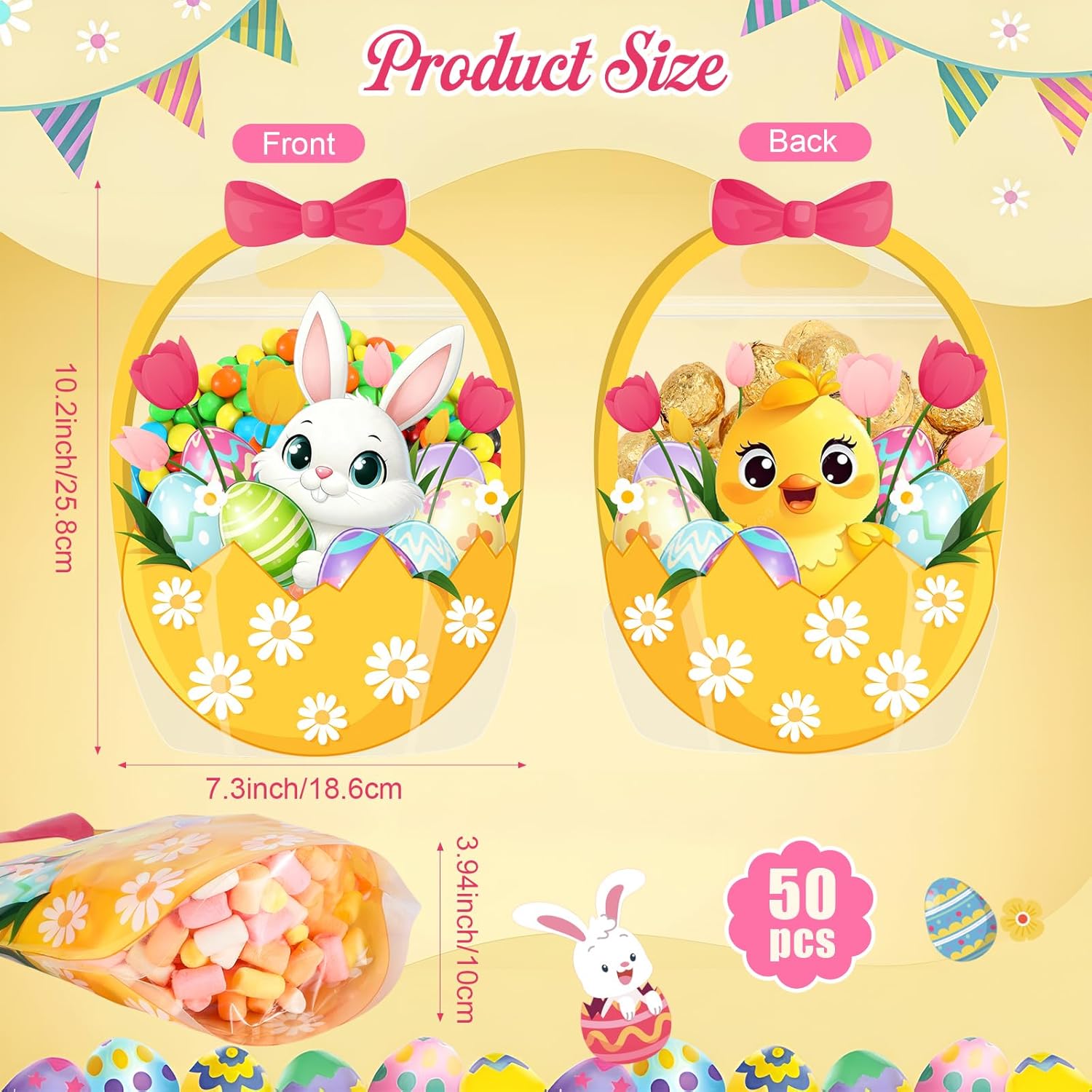 25/50 Pcs Easter Goodie Bags Plastic Candy Gift Bags with Handle Bunny Chick Pattern Transparent Treat Bags for Teacher Students Office Employee Coworker,Easter Egg Hunting Supplied,Appreciation Gift for Birthday Wedding Valentine's Day Celebration Gift