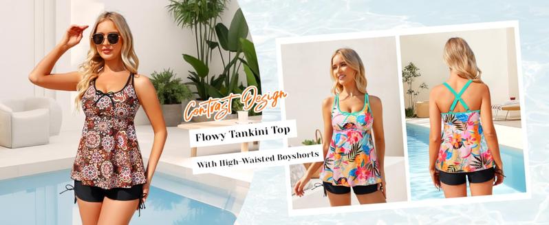 Tempt Me Women Tankini Swimsuits with Shorts - Two Piece Tummy Control Bathing Suit Flowy Swimwear with Boyshorts