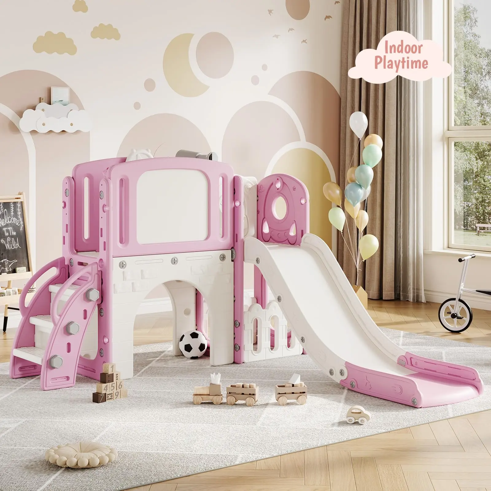 Multifunctional 8-in-1 Kids Playground Playset, Toddler Slide with Climber, Basketball Hoop, Telescope, Tunnel and Storage Area, Safe Indoor Outdoor Play Equipment for Backyard Courtyard Entertainment, Tool-Free, Wide Stability