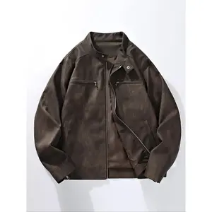 Men's Leather Jacket Stand Collar Design, Zipper Pocket Detailing, Casual Loose Fit Style for Spring & Fall Seasons