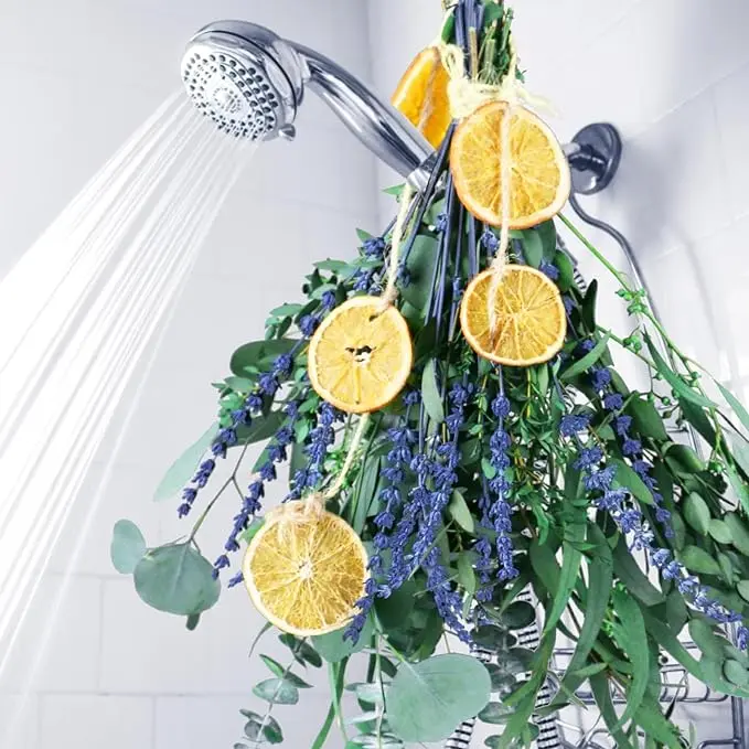 15"-17" Eco-Friendly Fragrance Dried Flower Bundle - Eucalyptus, Lavender, Natural Preserved Leaves, Lemon Ornaments, 5-Kind Scent Mix, Long-Lasting Plants, Hanging Shower Bouquet for Shower-Ready Decor & Home Decor, No Dried Artificial Flowers