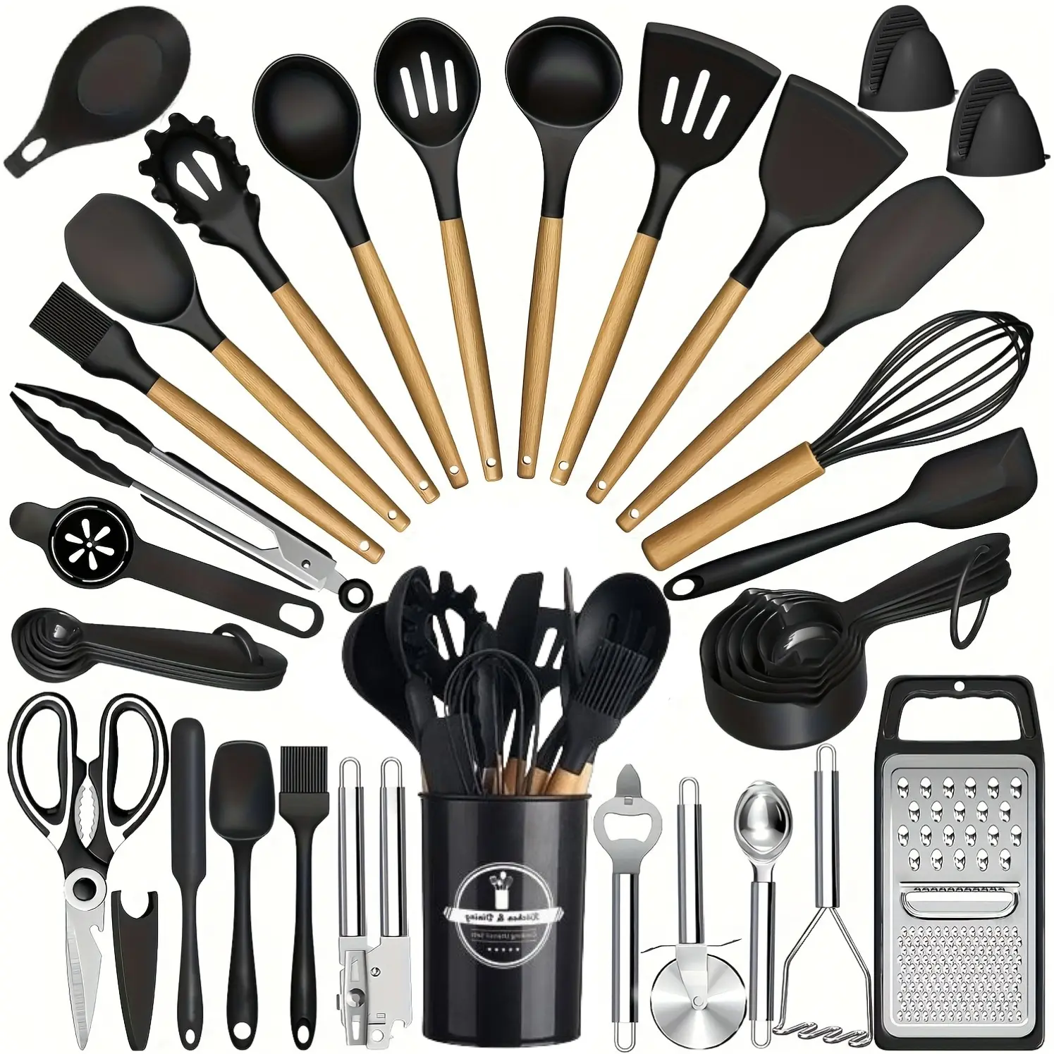 37-Piece Food-Grade Silicone Cooking Utensil Bundle with Wooden Handles, Heat-Resistant Nonstick Tools, Steel Scissors, Pasta Tool, Rack, Holder, BPA-Free Kitchen Accessories, Ideal for New Cooks & Gift Giving