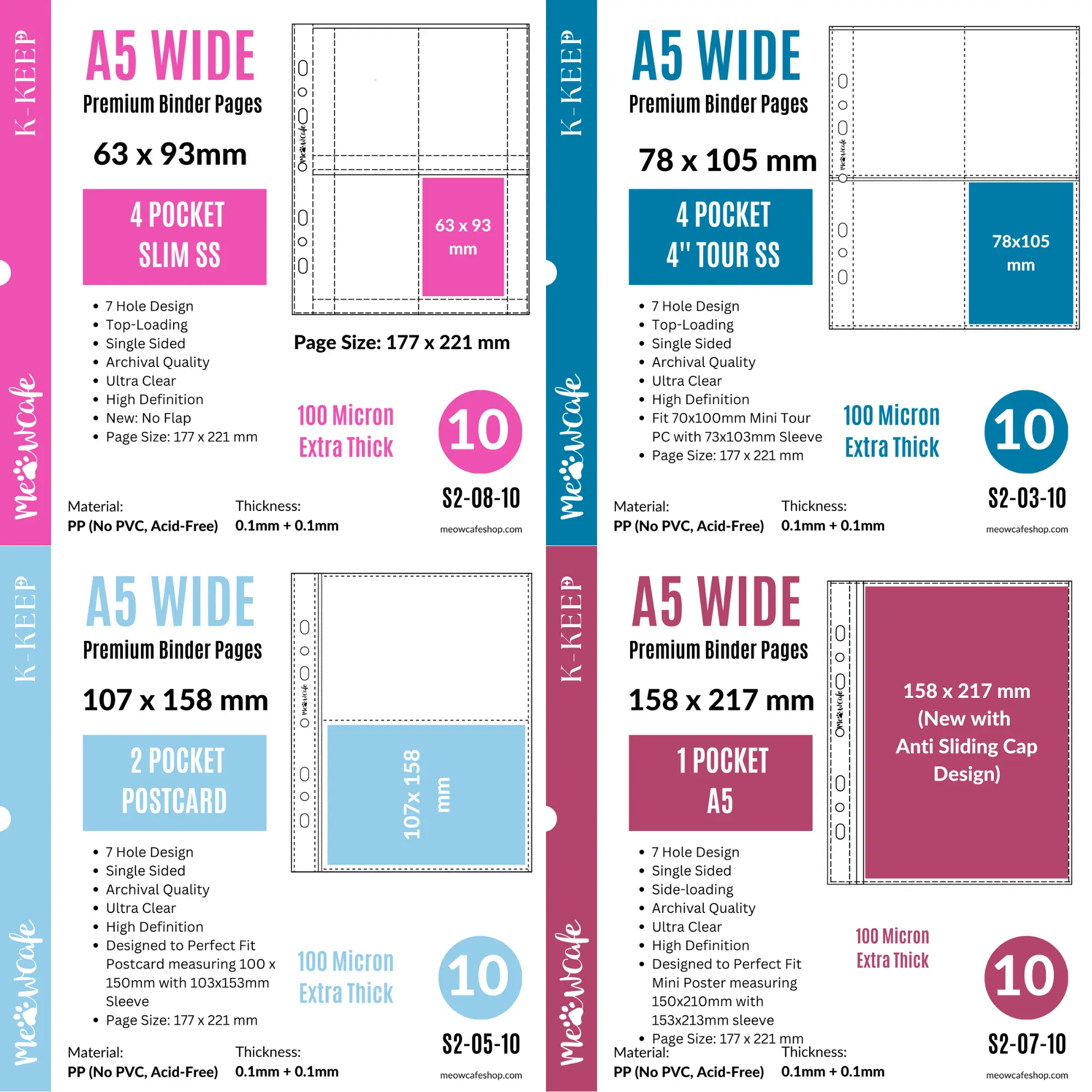 K-KEEP [A5 Wide]  7 Holes Premium Binder Pages, 100 Micron Thick, High Definition