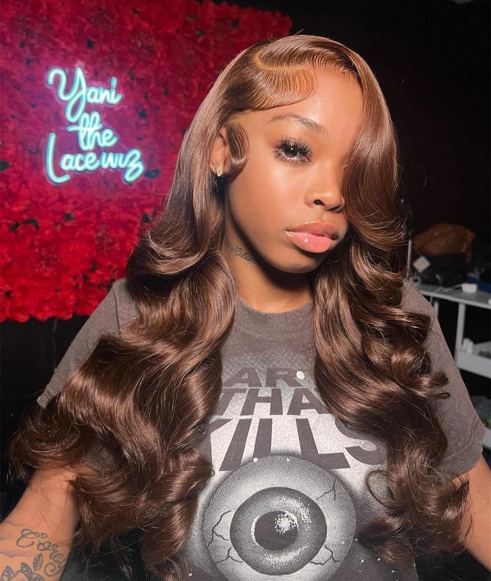 32 34 Inch Body Wave Chocolate Brown 13X4 Transparent Lace Front Wig Brazilian Real Human Hair 13X6 Hd Lace Frontal Wig Colored Pre Plucked Natural Hairline For Women 32 34 Inch Body Wave Chocolate Brown 13X4 Transparent Lace Front Wig Brazilian Real Human Hair 13X6 Hd Lace Frontal Wig Colored Pre Plucked Natural Hairline For Women