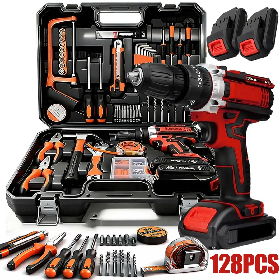 128 pc Tool Set with Power Drill, Cordless Hammer Drill Tool Kit 110Pcs Household Power Tools Drill Set with 21V Li-Ion Battery & Charger for Home Tool Kit