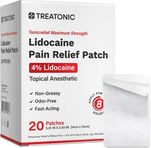 Treatonic Lidocaine Pain Relief Patch: Maximum Strength 4% Lidocaine Numbing Patches (20 Count) for Arm, Back, Neck, Leg, & Shoulder - Topical Analgesic for Joint Ache Muscle Soreness - 5.51x3.93 in