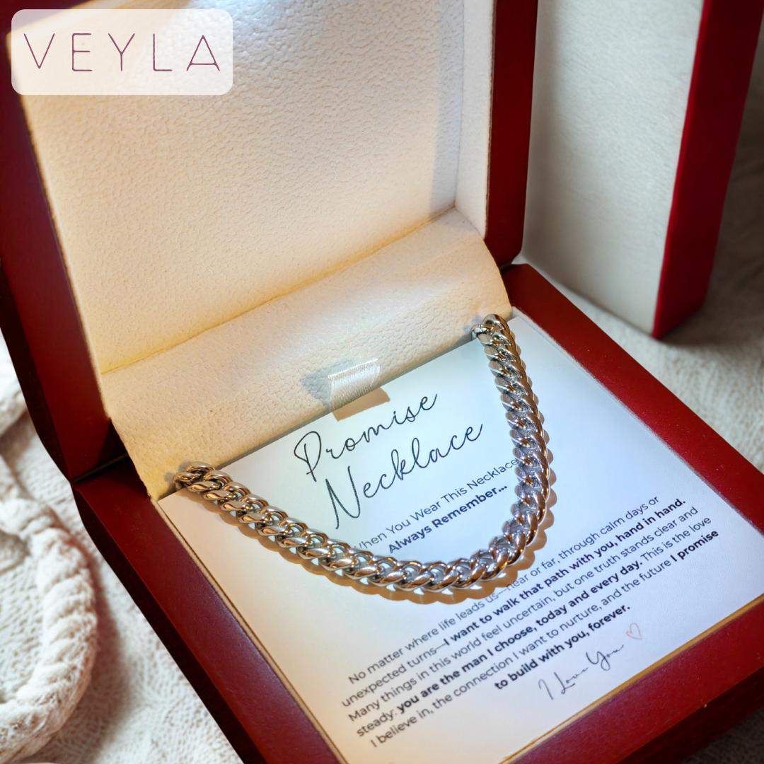 Promise Necklace for Boyfriend – Waterproof Stainless Steel Cuban Chain, Symbol of Love & Commitment, LED Wooden Box Gift for Valentine’s Day & Birthday – Veyla Promise Necklace for Boyfriend – Waterproof Stainless Steel Cuban Chain, Symbol of Love & Commitment, LED Wooden Box Gift for Valentine’s Day & Birthday – Veyla