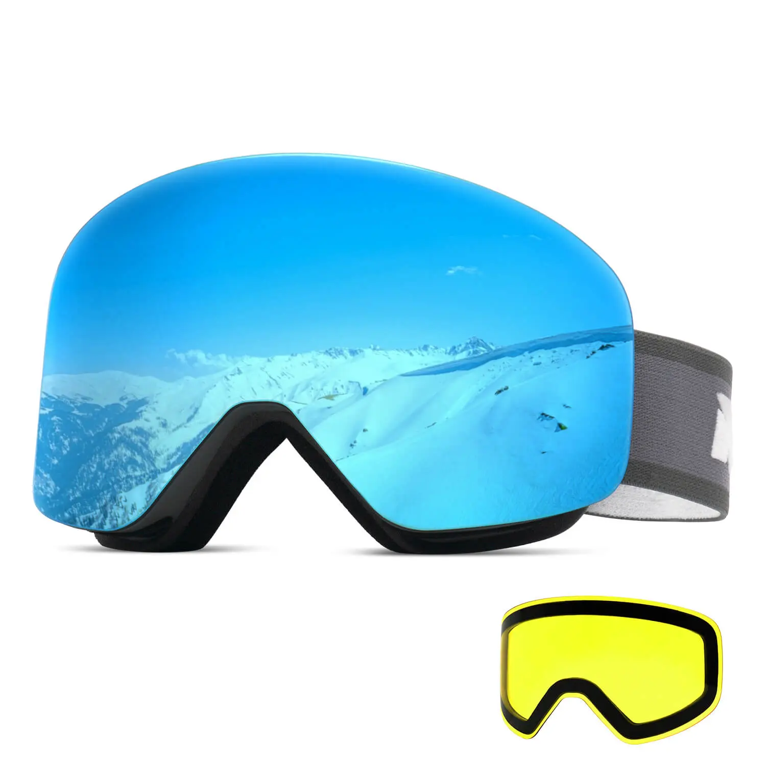 MEELOOG Frameless OTG Ski & Snowboard Goggles for Men, Adjustable Frame/Glasses Compatible, Double-Layer Magnetic Lenses with P1 Grey Frame/Red Lens (VLT 19%), Night Vision Lens, Anti-Fog, 100% UV400 Sun Protection, Chip Resistant, Non-Slip Strap, Uv Prot