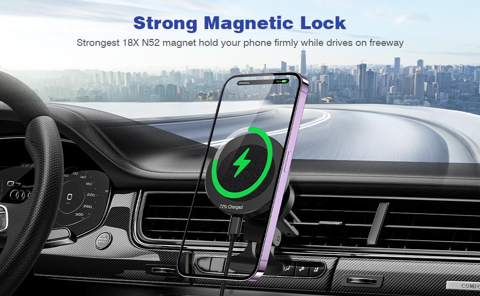 Magnetic Wireless Car Charger, Design for MagSafe Car Mount Charger, Strong Magnetic 15W Fast Charging Car Charger Phone Holder with USB Car Charger for MagSafe iPhone 17/16/15/14/13/12 Series