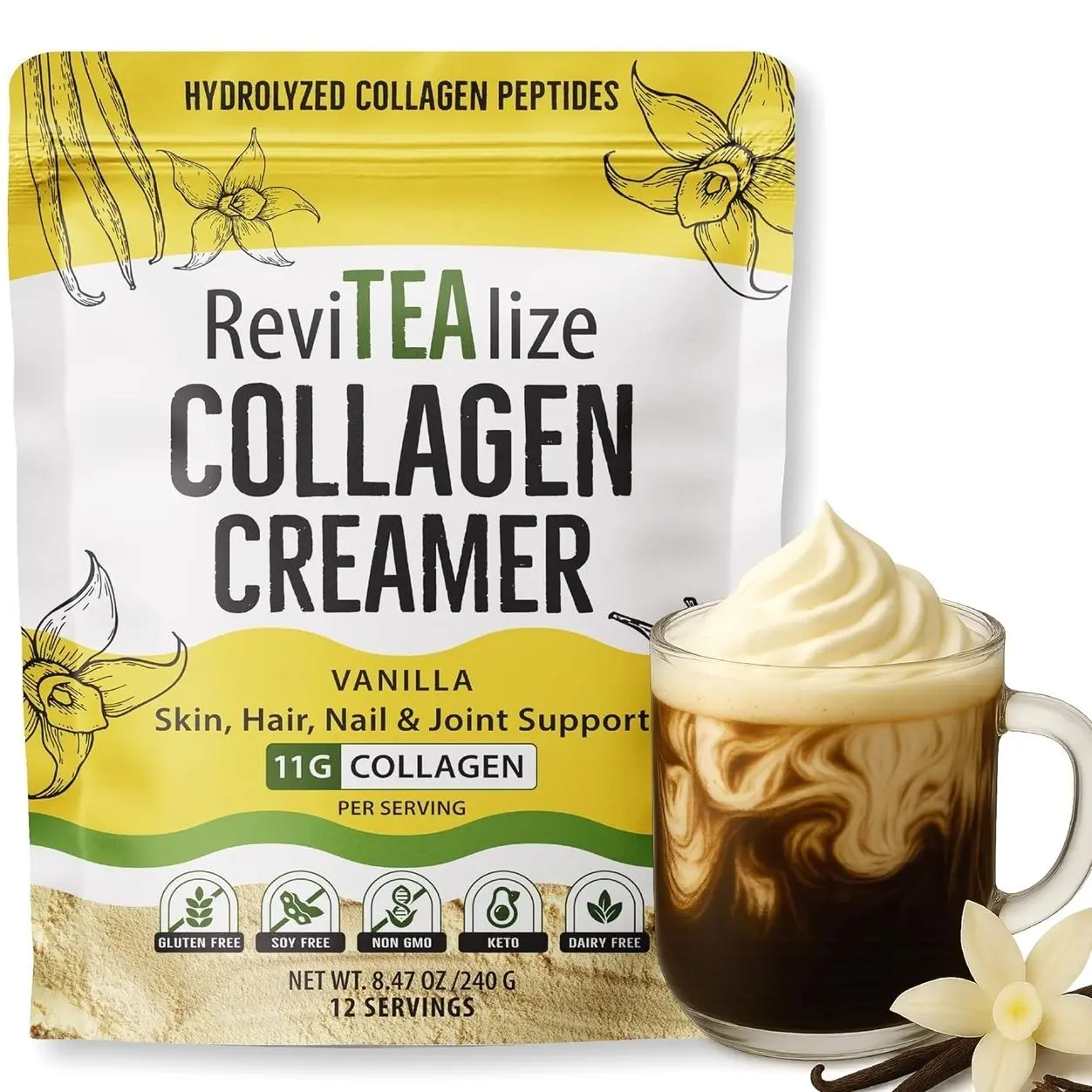 ReviTEAlize Collagen Creamer for Coffee - Grass Fed Collagen Peptides Powder with MCT Oil for Hair, Skin, Nails & Joint Support | Gluten Free, Dairy Free, Sugar Free & Keto Friendly | 11g of Protein Per Serving | Vanilla