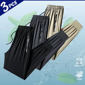 Summer | Ice Silk Casual Long Pants | 3-Pack | Work / Gym / Outing | Cooling Breathable Fabric | Unlined | Elastic Waist Jogger Style Outdoor Cargo Ankle Tapered Dress Wide-Leg Pleated Men's
