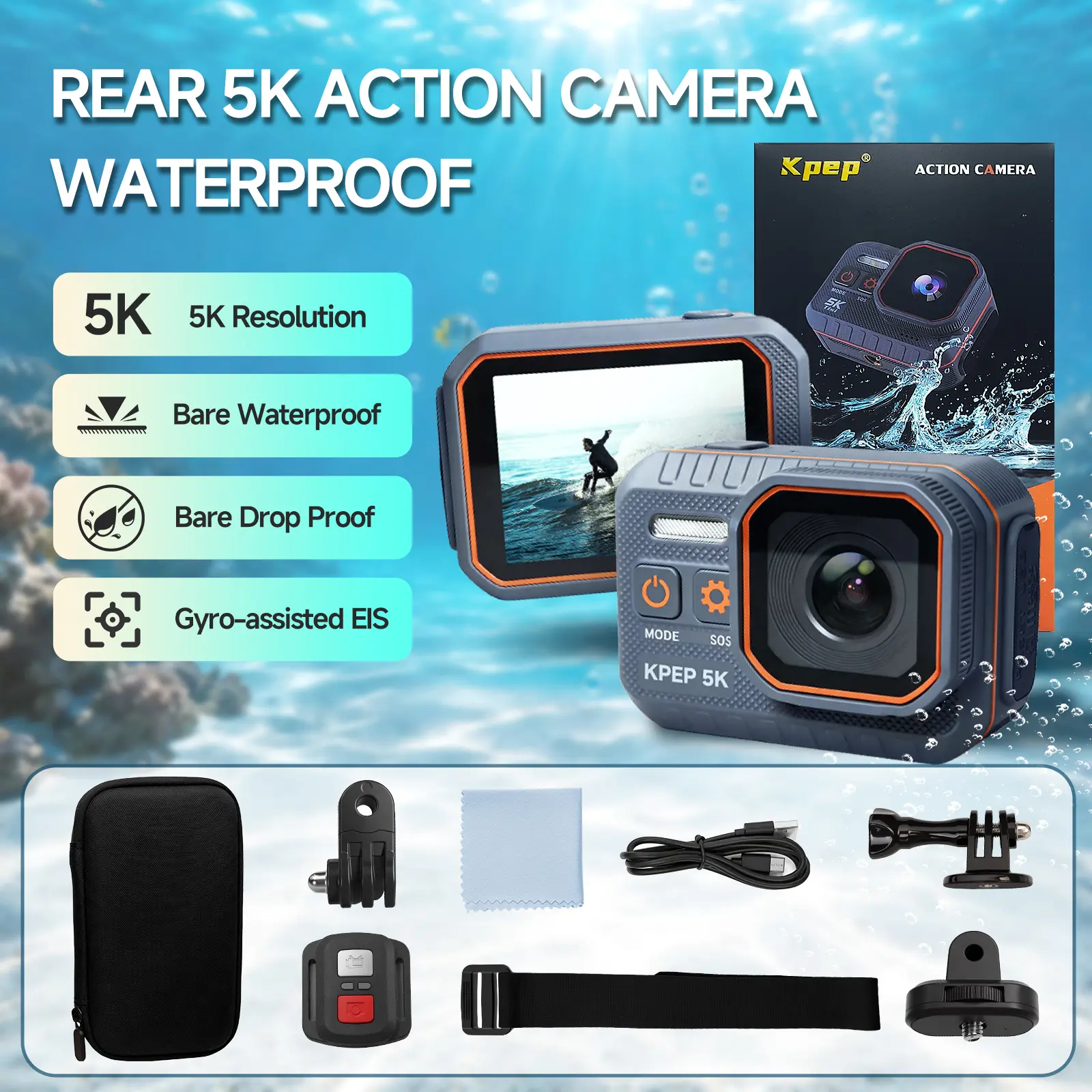 KPEP Real 5K Action Camera, 1/2.86" Sensor, 5K Cinematic Video, Hyper Stabilization, Drop-Proof & Waterproof Up to 100 Ft, Great for Motorcycle, Bike Riding, Running, Climbing, Beach Trips, Water Sports  Daily vlogging camera tiktokshopbacktoschool
