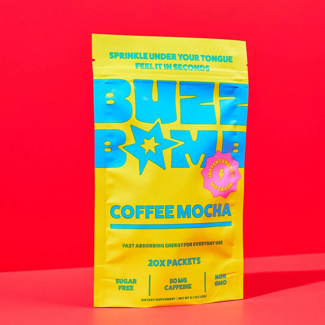 BUZZ BOMB Energy Packets, Under the Tongue Caffeine, 20 Count, Coffee Mocha | Energy without the Drink, Sugar Free, Clean Caffeine Powder, 50mg Caffeine