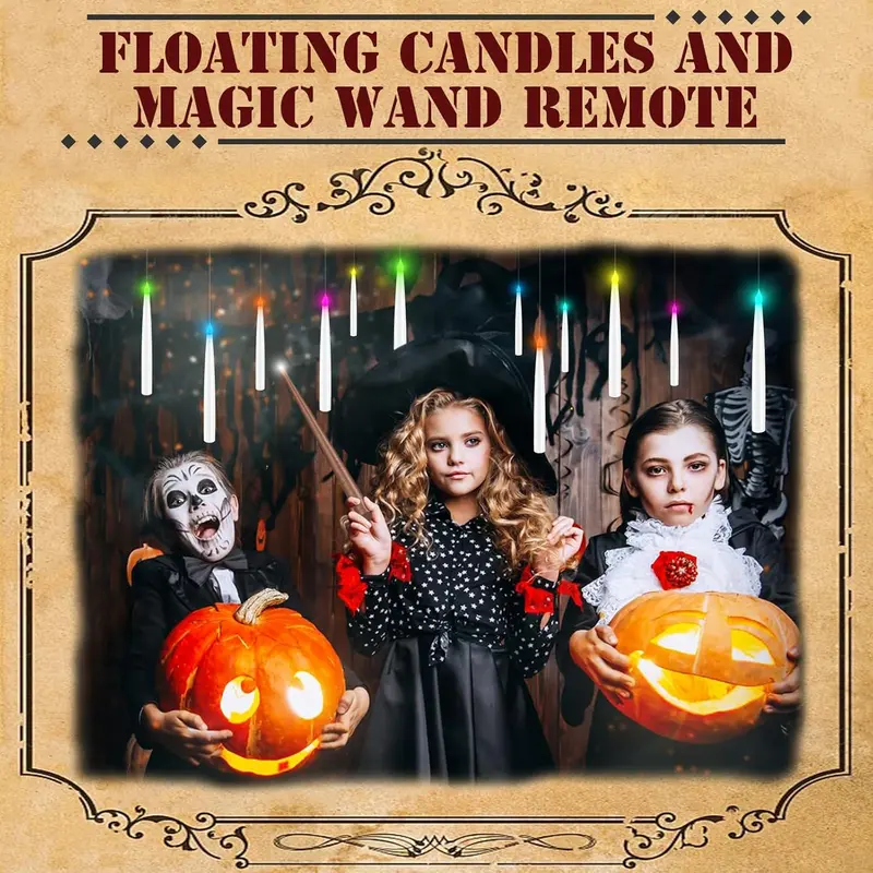 Flameless LED Floating Candles - 6.6" Battery-Operated with Magic Wand Remote, 12-Hook Hanging Window Lighting, Room Accessories for Christmas & Indoor Halloween Decor, Whimsical Gifts