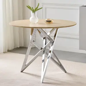 37Inch Round Dining Table, Small Round Kitchen Table With Silver Metal Legs, Suitable For 2 To 4 People, Modern Dining Room Table, Burlywood
