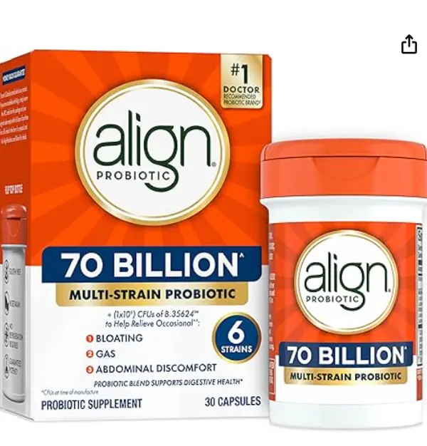 Align Probiotic 70 Billion CFU, 6 Strain Blend, Probiotics for Women and Men, Daily Probiotics for Digestive Health support, Helps Relieve Occasional Bloating & Gas 30 Capsules Dietary Healthcare Supplement