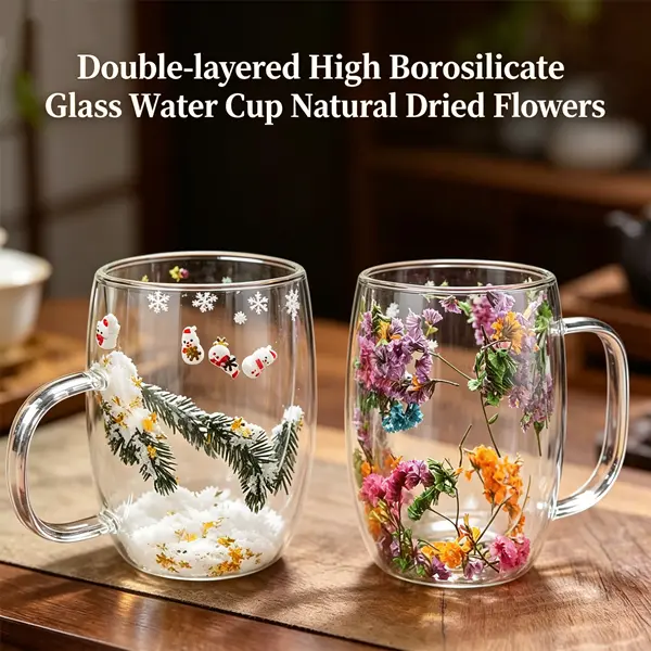 Double-Walled Transparent Heat-Resistant Glass Cup with Handle - 0-500 ml Kitchen Drinkware with Scale, Unique Quicksand Effect, for Dried Flower Coffee, Internet-Famous Milk Drinks, Fruit-Infused Beverages, Tea