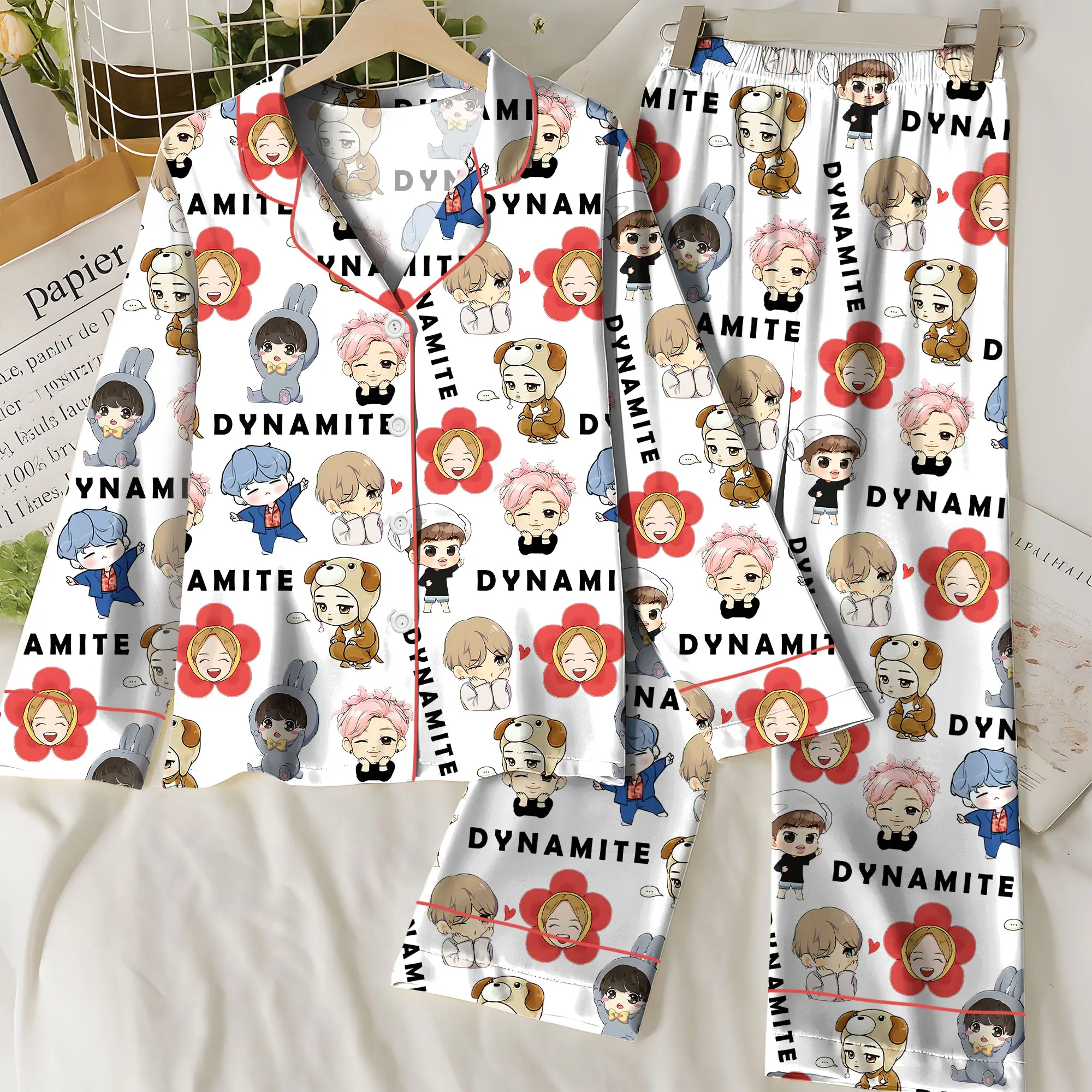 Kpop Tour Comeback Satin Pajamas Set, Idol Chibi Sleepwear, Button Up PJ Set, Cute Nightwear Gift for Kpop Fans
