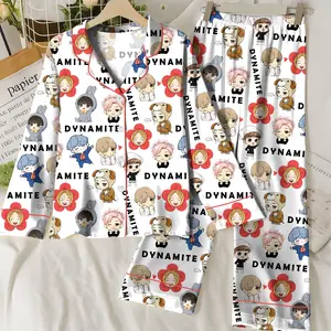 Kpop Tour Comeback Satin Pajamas Set, Idol Chibi Sleepwear, Button Up PJ Set, Cute Nightwear Gift for Kpop Fans