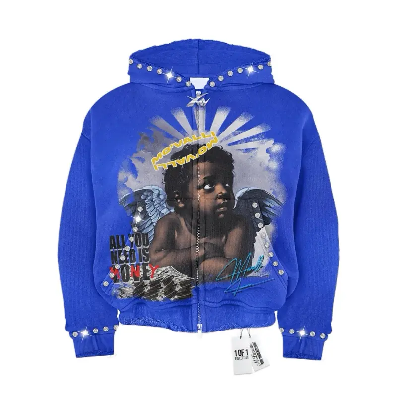 Mo’Valli’s “All I Need Is Money” Jacket with rhinestones and distressed sleeves and hood.