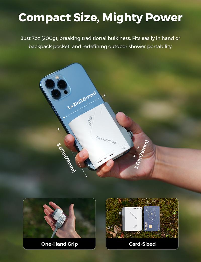 FLEXTAIL TINY Shower Ultralight Rechargeable Instant Outdoor Camping Shower Waterproof 3-Step Assembly Setup Lightweight Dual Modes Hiking Essentials Travel Accessories