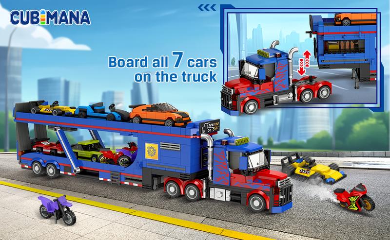 Epic City Transporter Truck Set – 7 Sports Cars, Adjustable Ramp, Tow Semi Truck with Carrier & Trailer, Exciting Pretend Play Toy for Kids 8+,1050pcs Rc Construction Vehicles