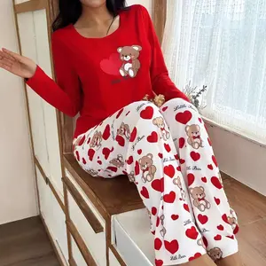 Womens Crew-Neck Bear And Heart Print Long-Sleeve Pajama Set With Long Pants