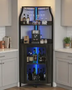Garvee 4-Tier Corner Bar Cabinet with LED Lights, Freestanding Wine Cabinet with Glass Door, Liquor Bar Cabinet with Adjustable Shelf for Home