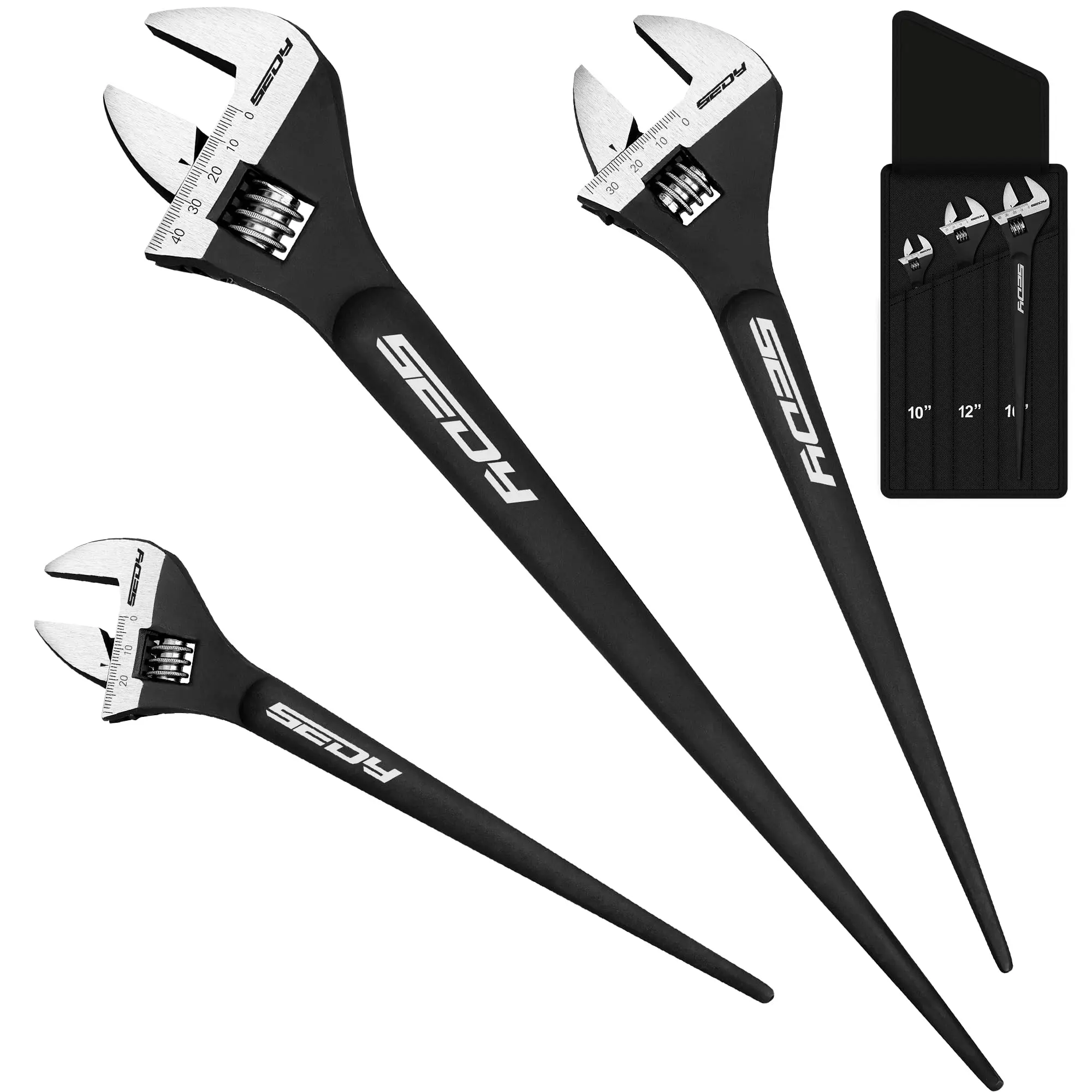3-Piece Adjustable Spud Wrench Set, 10-inch, 12-inch, 16-inch, SAE and Metric Scale Marked, CR-V Steel with Black Oxide Finish