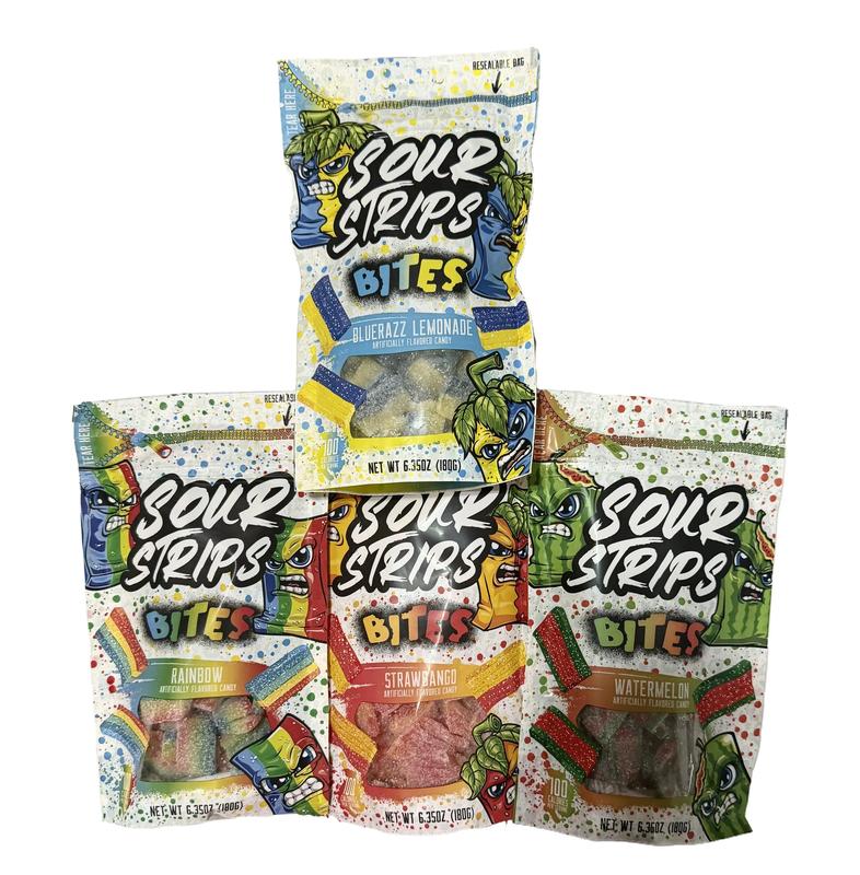 Sour Strips Bites 6.35 oz Watermelon, Rainbow, Bluerazz Lemonade or Strawbango Flavor sour candy snack Artificial Fruit Flavored mix bag