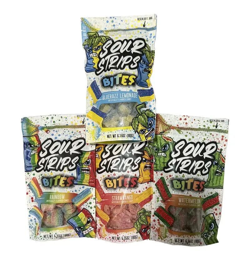 Sour Strips Bites 6.35 oz Watermelon, Rainbow, Bluerazz Lemonade or Strawbango Flavor sour candy snack Artificial Fruit Flavored mix bag