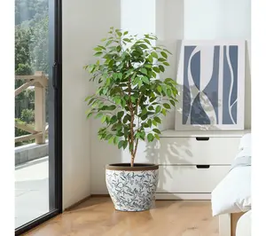 LuxenHome Blue Floral Ceramic Planter, 15.16" Round, Tapered