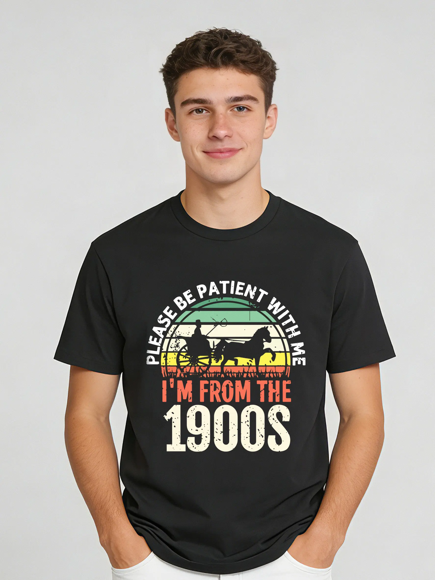 GEEKSOUTFIT Men's Casual Geek Short-Sleeve Cotton T-Shirt, Fitted Crewneck 1900s Print Top for Summer Menswear