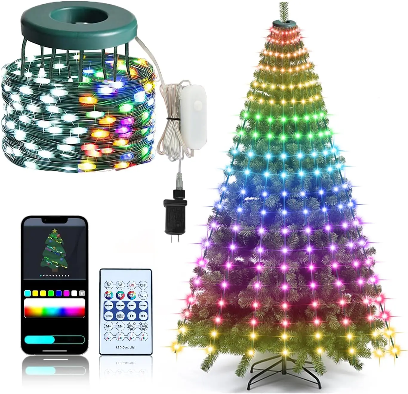 Christmas Tree String Lights with Ring Smart APP Control, 200 LED Music Sync Color Changing Indoor Decorations Waterfall Lights, IP65 Waterproof 6.6ft 10 Lines with Remote for Wedding Party Home, Camera, Led Mood Light