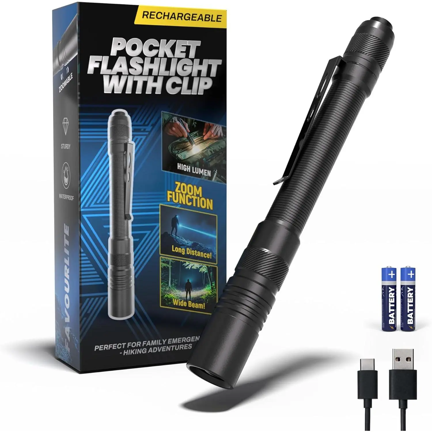 Rechargeable Pen Light Flashlight, 800LM Zoomable Pocket Flashlights with Clip Dual Modes LED Pen Flashlight    Bright Flashlights for Outdoor   (1, Black)