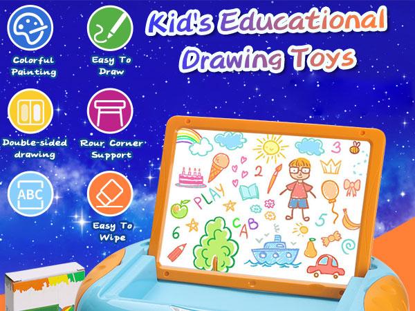 Small Erasable Drawing Board Easel with Letters and Numbers Kid's Drawing Table Creative Gift Toys Children's Art Set Toys Multifunction Stickers Kit Washable Markers Watercolor Paint Brushes Sketch Markers Twistable Crayons Sticker Cards