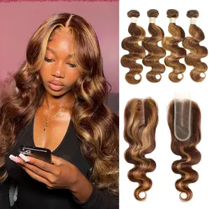 ALHER Highlight 3 Bundles with 2x6 HD Closure Body Wave Human Hair #P4/27 Honey Blonde Highlight Bundles With 4x4 Closure Balayage Ombre Brown Bundles with 5x5 Closure Human Hair Sew In Weave 4 Bundles with 2x6/4x4 Closure 12A 100% Human Hair for Women
